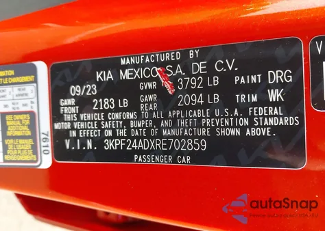 2024 Kia Forte Lxs из США, поврежденный, VIN 3KPF24ADXRE702859